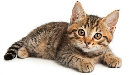 Obraz premium Adorable playful tabby kitten lying on a white background