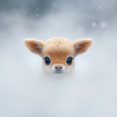 Young deer emerging from mist in a serene forest landscape during early morning hours