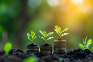 Three stacks of coins with small green plants growing from the soil on top, symbolizing financial growth and sustainability. Concept Financial Growth, Sustainable Investments, Eco-friendly Practices