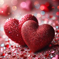 Fototapeta premium Two glittering red hearts rest on a bed of sparkling pink and red glitter. 
