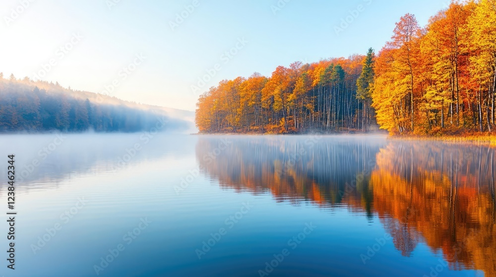 Poster misty forest nature idea. serene autumn lake surrounded by colorful trees reflecting in calm water.