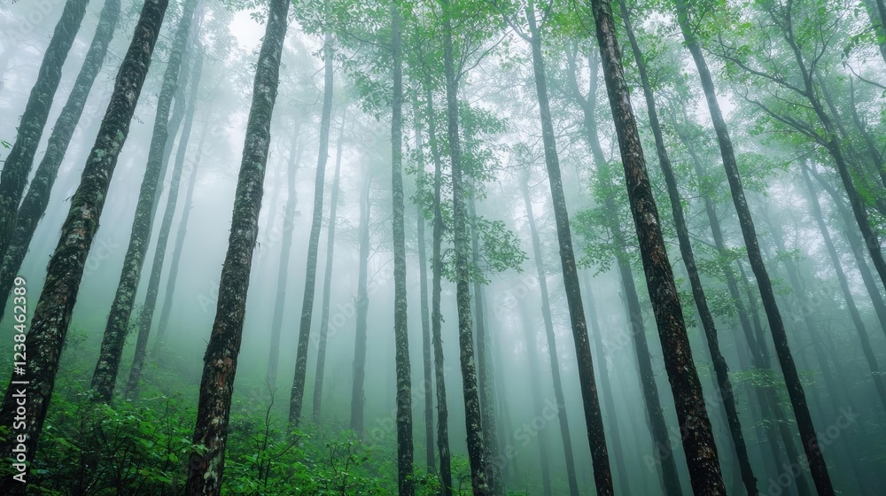 Aufkleber misty forest nature idea. a serene foggy forest view with tall trees and lush green foliage.
