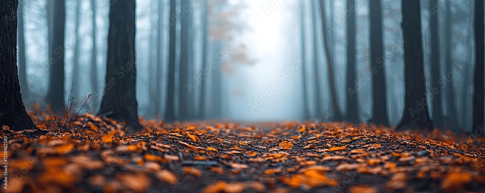Poster misty forest nature idea. a misty forest path covered in orange leaves, creating a serene autumn atm