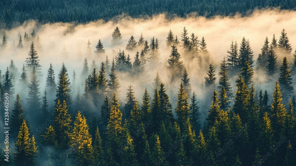 Poster misty forest nature idea. a serene forest landscape enveloped in morning mist and sunlight filtering