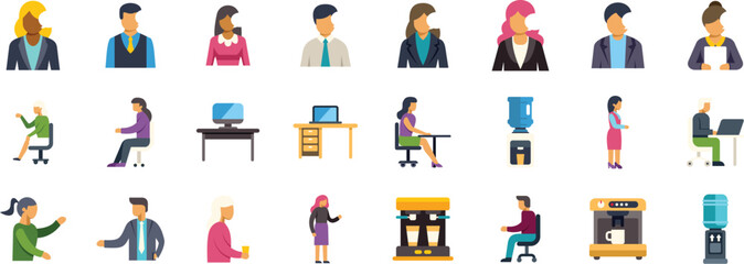 Office workers performing various tasks, highlighting the diverse activities within a contemporary office setting