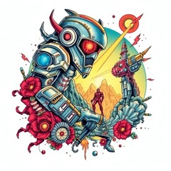 Naklejka premium Futuristic robot with vibrant flowers and a small figure explores an imaginative landscape at sunset
