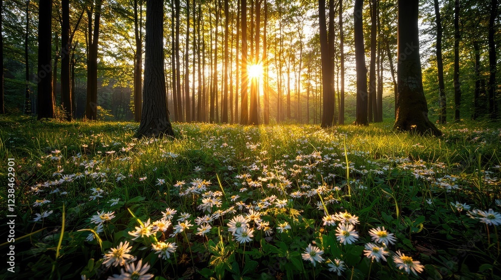 Poster misty forest nature idea. a serene forest landscape with flowers illuminated by sunlight filtering t