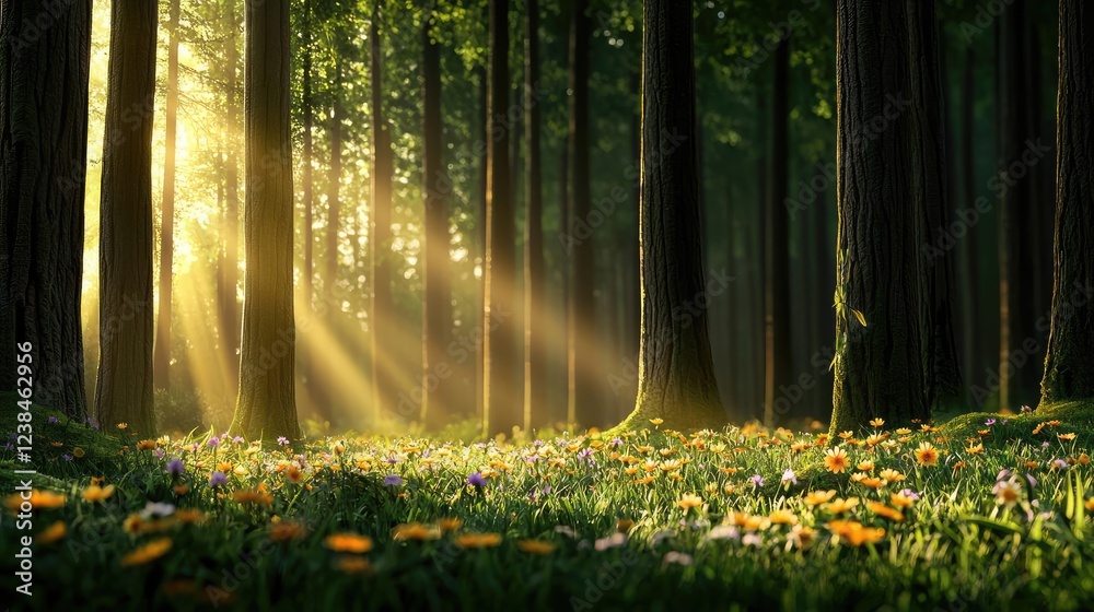 Poster Misty forest nature idea. Sunlight filters through trees, illuminating a vibrant forest floor with blooming flowers.