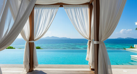 Obraz premium Luxury infinity pool overlooking a beautiful tropical ocean with a gazebo and flowing white curtains