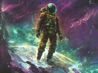 Fototapeta premium cosmic traveler in luminous armor stands on vibrant nebula, exploring universe