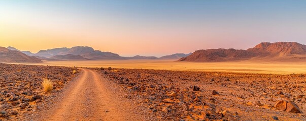 Desert landscapes nature idea. A tranquil desert landscape showcasing a winding dirt road at sunset.