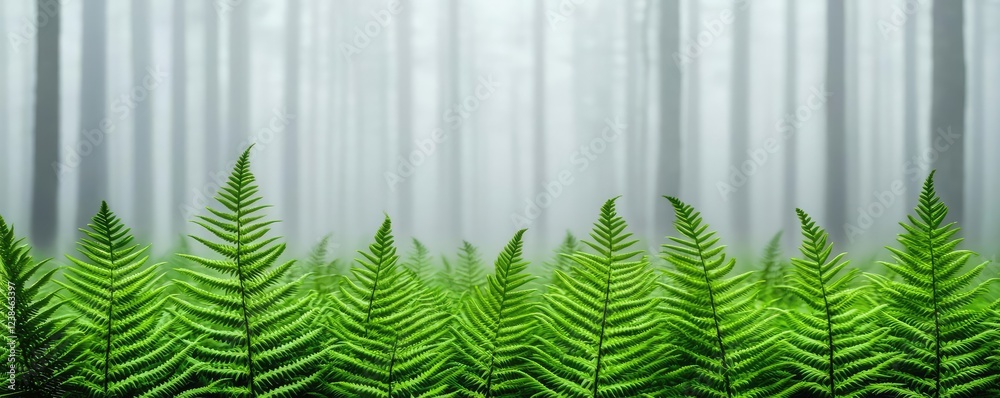 Poster Misty forest nature idea. Lush green ferns in a misty forest creating a serene and tranquil atmosphere.