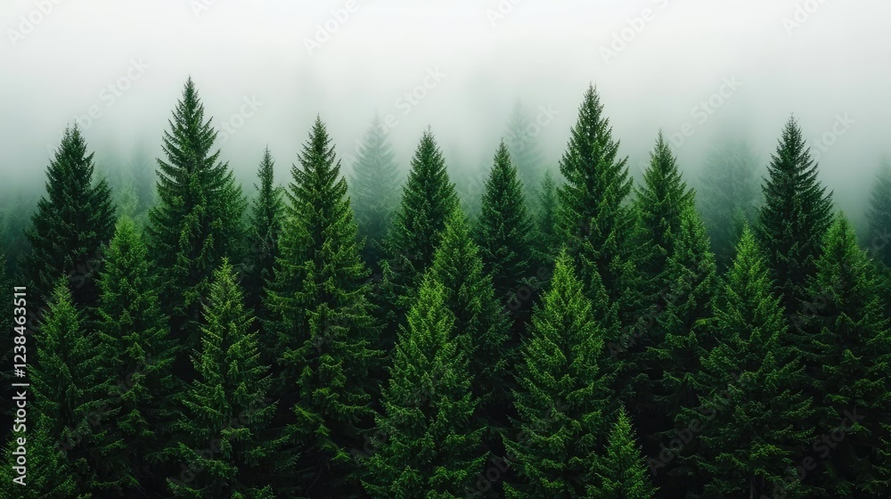 Poster misty forest nature idea. a serene forest with tall evergreen trees surrounded by a misty atmosphere