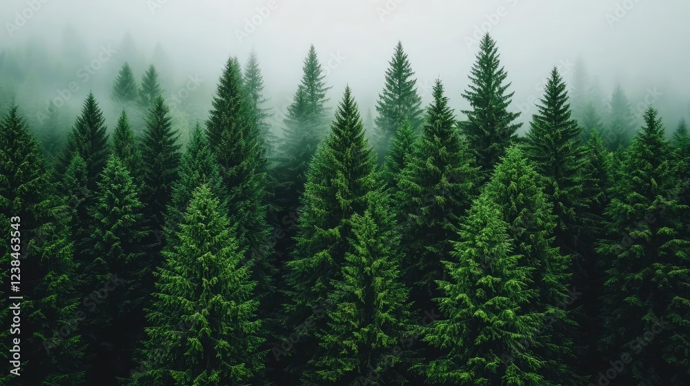 Aufkleber misty forest nature idea. a serene view of a dense forest shrouded in mist with lush green pine tree
