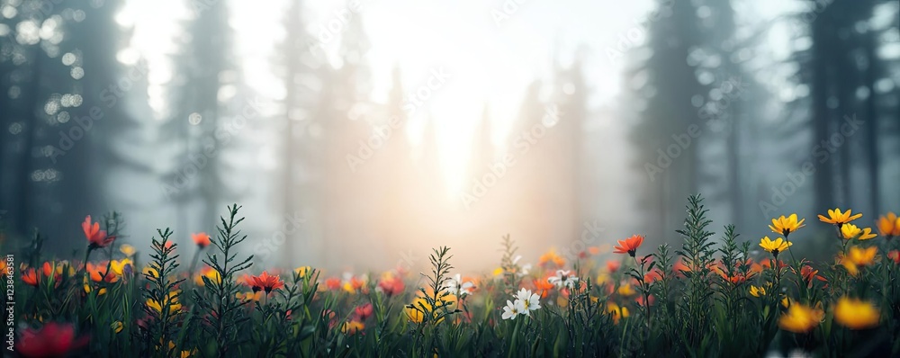Poster misty forest nature idea. a vibrant field of flowers blooms under soft light in a misty forest setti