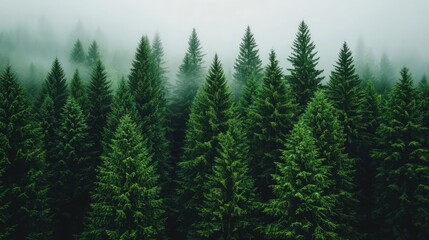 Fototapeta premium Misty forest nature idea. A serene view of a dense forest shrouded in mist with lush green pine trees.
