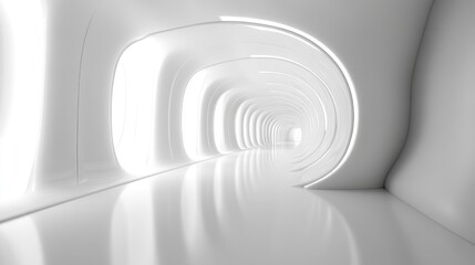 Fototapeta premium Futuristic white tunnel, glowing arches, reflective floor, abstract background, architectural design