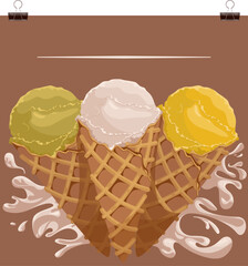 Vector illustration of ice cream in a waffle cone. Ice cream with a white scoop isolated on a white background, idea for a poster, postcard, t-shirt. print, advertising, sweet, food, set, advertising,