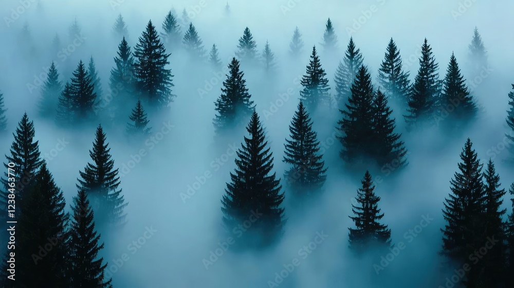 Aufkleber misty forest nature idea. a serene landscape of misty evergreen trees shrouded in soft fog under a t