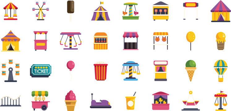 Colorful icons representing various amusement park attractions, from thrilling rides to tempting treats, capture the excitement and fun of a day at the fair