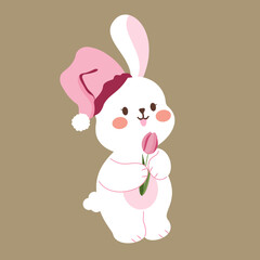 A cute bunny holding a pink flower.