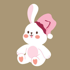 A cute bunny with pink hat is sitting.