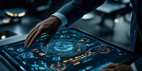 Businessman working with holographic interface, touching translucent screens displaying dynamic data visualizations in sleek, modern corporate workspace