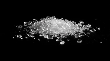 High-Contrast Close-Up of Coarse Translucent Crystals with Sharp Irregular Shapes, Sparkling Reflections, and Textured Granules Against a Solid Black Minimalist Background