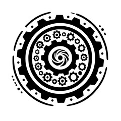 Abstract Gear Mandala: Black and White Circular Technology Design. Geometric Pattern, Mechanical Engineering, Industrial Art, Graphic Symbol