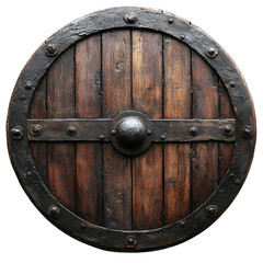 Fototapeta premium Ancient Wooden Round Shield Medieval Viking War Relic Dark Brown Rustic Texture