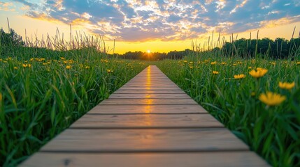 Fototapeta premium Sunset boardwalk path through wildflowers