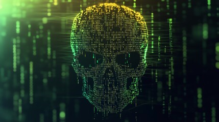 Cybernetic Digital Skull Formed by Cascading Green and Yellow Glowing Binary Code against Dark Futuristic Background with Matrix Aesthetic And High-Tech Cyberpunk Element