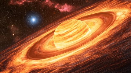Vibrant Cosmic Wallpaper of Glowing Gas Giant with Swirling Orange And Yellow Bands, a Bright Luminous Accretion Disk, Deep Space Background, Blue Star, And Wisps Of Pink And Purple Nebulae