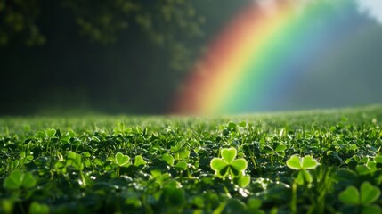 Green Clover Field With Rainbow Background