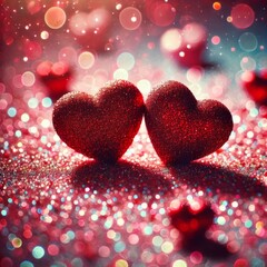 Obraz premium Two glittering red hearts rest on a bed of sparkling pink and red glitter. 