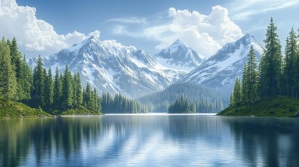 Fototapeta premium Majestic Mountain Lake with Snowy Peaks and Evergreen Forest