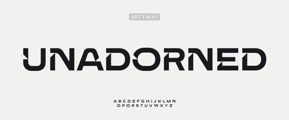 Unadorned geometric font, modern wide letters with angular cuts and rounded elements. Innovative alphabet for sci-fi headline, science logo, sport or architecture, technology branding. Vector typeset