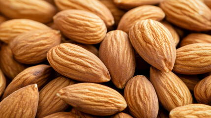 Fototapeta premium Top down view of almonds scattered loosely on clean surface, showcasing their textured brown shells. These nuts are nutritious and popular in various dishes