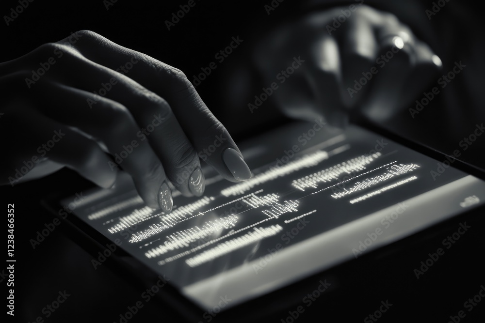 Wall mural woman's fingers delicately navigate a tablet screen displaying lines of code in the dark.