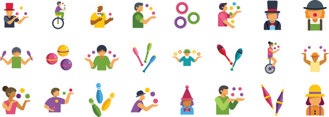 Circus performers juggling various objects and riding unicycles, showcasing their talent and entertaining the audience © anatolir