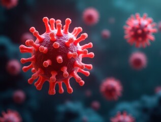 Glowing red virus particles floating in a dark environment representing a viral infection