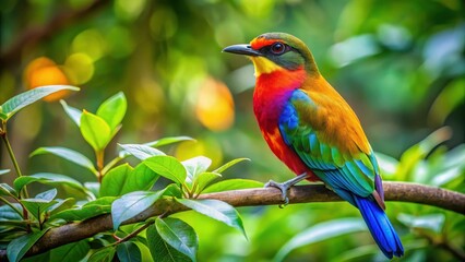 Fototapeta premium A vibrant bird with bright plumage rests on a sturdy branch of a dense green tree surrounded by foliage, creating a stunning natural scene , outdoor nature, forest landscape