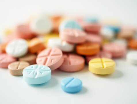 Colorful tablets and capsules forming a pile on a white surface
