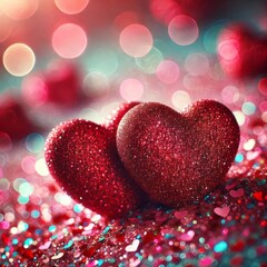 Fototapeta premium Two glittering red hearts rest on a bed of sparkling pink and red glitter. 