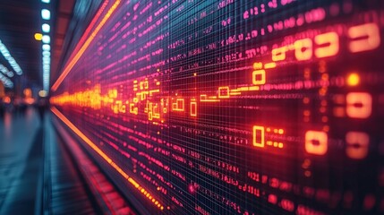 Abstract digital data flow with bright red and orange patterns in a futuristic setting