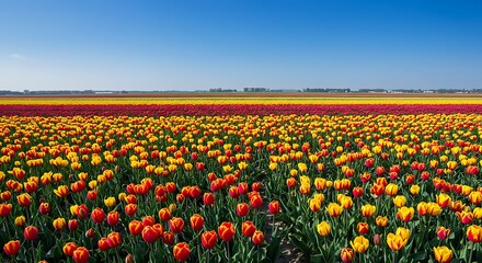Vibrant Tulip Field Landscape in Spring Sunshine