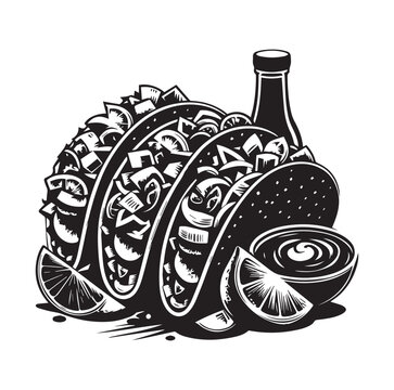 black and white tacos with sauce and lime clip art preview