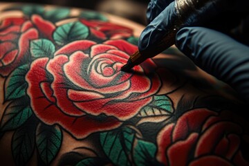 Close-up of a tattoo artist meticulously inking vibrant red roses and teal leaves onto skin.