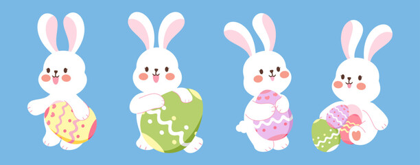A set of cute cartoon rabbit holding an Easter egg perfect for Easter-themed designs.