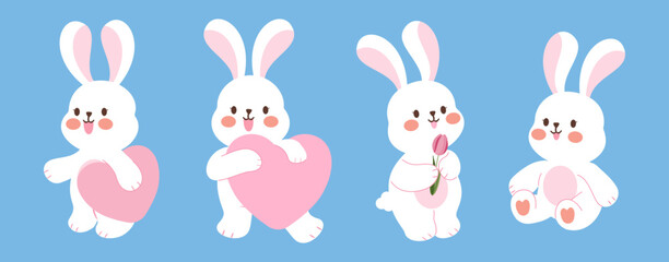 A set of cute cartoon rabbit holding a heart perfect for Valentine's Day, love-themed projects, or Easter Day.